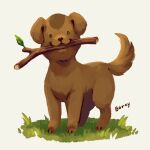  animal animal_focus boney bright_pupils brown_dog character_name commentary_request dog looking_at_viewer mother_(game) mother_3 mouth_hold no_humans on_grass shifumame simple_background solo standing stick white_background white_pupils 