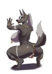  2018 5_fingers absurd_res amber_eyes anthro anubian_jackal anus areola big_breasts big_butt bracelet breasts butt canine cervina7_(artist) clitoris crouching ear_piercing female grey_hair hair hairband hi_res jackal jewelry looking_at_viewer looking_back mammal nipple_piercing nipples nude open_mouth piercing pussy pussy_juice rear_view simple_background solo sweat tailband thick_thighs tongue tongue_out urethra white_background 