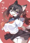  &lt;3 anthro black_hair blush breasts canine clothing collar female fur grey_fur hair japanese_text kawakami_masaki mammal no_underwear open_mouth purple_eyes school_uniform skirt slit_pupils solo standing text uniform white_fur 