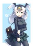  absurdres bag bird_tail bird_wings black_hair blonde_hair blush commentary_request cowboy_shot eyebrows_visible_through_hair green_eyes grey_hair handbag head_wings highres japanese_cormorant_(kemono_friends) japari_symbol jewelry kanzakietc kemono_friends long_hair long_sleeves multicolored_hair necklace pantyhose skirt solo sweater turtleneck white_hair wings 