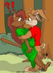 &lt;3 ?! anthro black_pawpads blue_eyes bodily_fluids bottomless brown_body brown_fur butt claws clothed clothing digital_media_(artwork) domestic_cat duo embrace felid feline felis female flying_sweatdrops forest fur hair hug kissing kthanid_(artist) lagomorph leporid male male/female mammal messy_tail outside pawpads pink_nose plant pregnant rabbit randy_rabbit red_hair rutwell_forest scut_tail serenakty short_tail shrub story_at_source surprise sweat sweatdrop tail toony tree