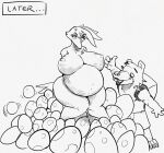2023 avian banjo-kazooie banjo_(banjo-kazooie) bear belly big_belly big_breasts black_and_white breasts breegull caption cross-popping_vein duo egg female gesture hi_res kazooie male mammal monochrome nipples non-mammal_breasts non-mammal_nipples oviposition pregnant rareware sabrotiger sketch thumbs_up