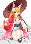  animal_ear_fluff animal_ears bangs bell blonde_hair bow breasts brown_eyes cleavage commentary_request eyebrows_visible_through_hair facing_viewer fox_ears fox_mask fox_tail full_body fundoshi hair_bow hair_ornament highres japanese_clothes jingle_bell kimono leaf_print long_hair long_sleeves looking_at_viewer magatama magatama_necklace mask obi original panties pantyshot sash smile solo squatting tabi tail tassel tomoya_kankurou umbrella underwear whisker_markings wide_sleeves zouri 