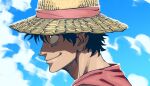  1boy 2023 artist_name barbarvsah black_hair closed_mouth cloud cloudy_sky from_side hat male_focus monkey_d._luffy one_piece scar scar_on_cheek scar_on_face short_hair sky smile solo straw_hat 