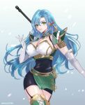  1girl armor black_dress blue_hair braid breasts chloe_(fire_emblem) cleavage cleavage_cutout closed_mouth clothing_cutout dress elbow_gloves fire_emblem fire_emblem_engage gloves green_eyes hair_ribbon helen_(helen2210hk) highres large_breasts long_hair looking_at_viewer pegasus_knight_uniform_(fire_emblem) ribbon shoulder_armor solo thighhighs white_gloves 