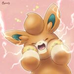  animal_focus artist_name closed_eyes commentary_request dot_nose electricity no_humans open_mouth pawmi pink_background pokemon pokemon_(creature) remedy_matome simple_background star_(symbol) 
