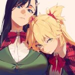  2girls black_hair blonde_hair blue_eyes bow breasts burn_the_witch cape capelet closed_mouth green_eyes green_jacket hair_ornament half-closed_eyes highres ibaraki_shun jacket large_breasts long_hair long_sleeves looking_at_viewer multiple_girls niihashi_noel ninny_spangcole plaid_cape plaid_capelet red_cape red_capelet shirt twintails white_background white_shirt 