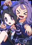  &gt;_&lt; 1boy 1girl acerola_(pokemon) ahoge allister_(pokemon) black_hair ghost_pose gloves highres looking_at_viewer omochi_(omotimotittona3) open_mouth pokemon pokemon_sm pokemon_swsh purple_eyes purple_hair single_glove suspenders v-shaped_eyebrows 