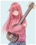  1girl blue_background blue_eyes blue_skirt bocchi_the_rock! border closed_mouth commentary cube_hair_ornament electric_guitar gibson gibson_les_paul gotoh_hitori guitar hair_ornament holding holding_guitar holding_instrument hugging_object instrument jacket long_hair long_sleeves looking_at_viewer milktea_(gggrrr2000) one_side_up outside_border pink_hair pink_jacket plaid plaid_skirt simple_background skirt solo white_border 
