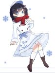  1girl 8tpaiijk8rucfuo adapted_costume anchor_print anchor_symbol black_hair blue_eyes buttons coat double-breasted highres murasa_minamitsu red_scarf scarf short_hair sketch snowflakes solo touhou white_background white_coat white_headwear 