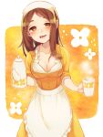  1girl apron blush breasts cleavage collarbone cup dress highres hinawa holding holding_cup holding_teapot large_breasts long_hair looking_at_viewer mature_female mother_(game) mother_3 orange_dress orange_eyes shifumame solo steam teapot waist_apron white_headwear 