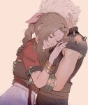  1boy 1girl aerith_gainsborough armor bandaged_arm bandages bangle belt blonde_hair bracelet braid braided_ponytail brown_belt brown_gloves brown_hair closed_eyes cloud_strife couple cropped_jacket dress earrings final_fantasy final_fantasy_vii final_fantasy_vii_rebirth gloves hair_ribbon hand_on_another&#039;s_back hand_on_another&#039;s_chest hetero highres hug jacket jewelry long_hair multiple_belts parted_bangs parted_lips pink_dress pink_lips pink_ribbon red_jacket ribbon short_sleeves shoulder_armor sidelocks single_braid single_earring softp3ach spiked_hair toned toned_male upper_body wavy_hair 