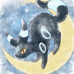  alternate_color animal_focus artist_name black_fur commentary_request crescent_moon facial_mark forehead_mark highres moon no_humans pokemon pokemon_(creature) remedy_matome shiny_pokemon tail twitter_username umbreon yellow_eyes 