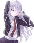  1girl arm_up black_jacket black_ribbon black_skirt braid danganronpa:_trigger_happy_havoc danganronpa_(series) grey_hair hair_ribbon highres jacket kirigiri_kyoko long_sleeves miniskirt necktie neko_yashiki_azusa open_clothes open_jacket open_mouth pink_eyes pleated_skirt red_necktie ribbon shirt side_braid simple_background skirt solo white_background white_shirt 