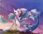  animal_focus artist_name blue_eyes colored_eyelashes colored_skin commentary_request gradient_sky no_humans open_mouth pink_sky pokemon pokemon_(creature) ponytail primarina purple_sky remedy_matome sea_lion sky tail white_skin 