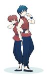  1boy 1girl back-to-back black_hair blue_eyes braid braided_ponytail breasts chinese_clothes dual_persona highres nmnm_bbb ranma-chan ranma_1/2 red_hair saotome_ranma shadow size_difference standing tangzhuang 