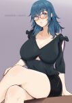  1girl alternate_costume arm_support bespectacled black_shirt blue_eyes blue_hair breasts byleth_(female)_(fire_emblem) byleth_(fire_emblem) cleavage collarbone crossed_legs english_commentary feet_out_of_frame fire_emblem fire_emblem:_three_houses glasses highres large_breasts long_hair looking_at_viewer parted_lips red-framed_eyewear shirt short_sleeves sitting solo thighs vialnite 