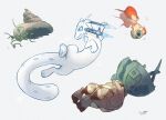  animal_focus artist_name blue_eyes chi-yu_(pokemon) chien-pao commentary_request deer fire fireblast fish highres ice leopard no_humans pawpads pokemon pokemon_(creature) simple_background slug snow_leopard tail ting-lu_(pokemon) whiskers white_background wo-chien 