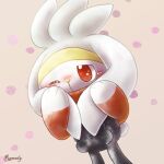 animal_focus artist_name commentary_request no_humans one_eye_closed pokemon pokemon_(creature) rabbit raboot red_eyes remedy_matome standing white_background white_hair 
