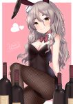  1girl :3 absurdres alcohol animal_ears black_leotard black_pantyhose blush border bow bowtie breasts brown_eyes covered_navel detached_collar fake_animal_ears fake_tail fishnet_pantyhose fishnets grey_hair hair_between_eyes hat highres himura_moritaka kantai_collection leotard long_hair pantyhose pink_background playboy_bunny pola_(kancolle) rabbit_ears rabbit_tail signature sitting small_breasts smile solo strapless strapless_leotard tail traditional_bowtie wavy_hair white_border wine wrist_cuffs 