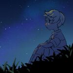  1boy blush closed_eyes crying from_side looking_ahead lucas_(mother_3) male_focus mother_(game) mother_3 night night_sky on_grass outdoors profile shifumame shirt short_hair short_sleeves sitting sky socks solo striped striped_shirt tears 