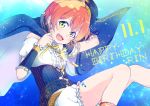  arm_behind_head blue_background blue_cape blue_hat cape center_frills character_name clenched_hand commentary_request dated detached_sleeves earrings green_eyes happy_birthday hat hoshizora_rin itsuki_kuro jewelry leg_tattoo looking_at_viewer love_live! love_live!_school_idol_festival love_live!_school_idol_project orange_hair print_cape ribbon short_hair shorts solo star starry_sky_print tattoo underbust vambraces white_shorts yellow_ribbon zodiac 