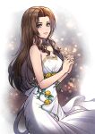  1girl aerith_gainsborough bare_shoulders blush breasts commentary dress drill_hair english_commentary final_fantasy final_fantasy_vii final_fantasy_vii_rebirth final_fantasy_vii_remake flower forehead grin highres long_hair looking_at_viewer lukrevadraws medium_breasts official_alternate_costume official_alternate_hairstyle own_hands_together smile solo strapless strapless_dress white_dress yellow_flower 