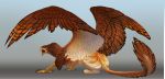  2018 absurd_res amber_eyes ambiguous_gender avian beak brown_eyes brown_feathers brown_fur claws digital_media_(artwork) feathered_wings feathers feral fur gryphon hi_res open_mouth simple_background solo standing tan_feathers turnipberry wings 