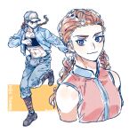  1girl bandeau baseball_cap black_bandeau blue_eyes blue_jacket blue_pants boots braid character_name commentary_request dead_by_daylight hat jacket korean_commentary low_twin_braids meg_thomas orange_hair pants red_vest smile tongchock twin_braids twitter_username vest 