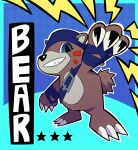 absurd_res anthro backwards_hat bandai_namco bear bearmon blue_eyes brown_body brown_fur clothing digimon digimon_(species) digitaltillo fur grin hat headgear headwear hi_res leather_strap male mammal smile solo