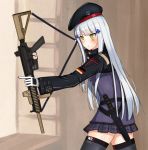  assault_rifle bangs beret black_legwear blunt_bangs blush breasts clothes_writing combat_knife commentary eyebrows_visible_through_hair facial_mark german_flag girls_frontline gloves green_eyes gun hair_ornament hat heckler_&amp;_koch highres hk416 hk416_(girls_frontline) holding holding_gun holding_weapon iron_cross jacket knife knife_holster long_hair medium_breasts open_mouth plaid plaid_skirt rifle sidelocks silver_hair skirt solo sweatdrop teardrop thighhighs very_long_hair weapon you're_doing_it_wrong yuubokumin 