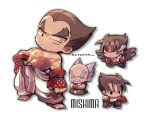  4boys balding black_wings character_name chibi closed_mouth devil_jin dougi drop_shadow facial_hair facial_mark gloves kazama_jin kotorai male_focus mishima_heihachi mishima_kazuya multiple_boys mustache no_nose pants punching red_eyes red_gloves scar scar_on_arm scar_on_cheek scar_on_chest scar_on_face shoulder_tattoo signature studded_gloves tattoo tekken thick_eyebrows topless_male v-shaped_eyebrows white_background white_pants wings 