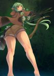  arrow ass atatatamu bare_legs black_bow black_gloves bow bow_(weapon) brown_shorts cloak commentary_request feet from_below gloves goblin_slayer! green_eyes green_hair hair_ribbon high_elf_archer_(goblin_slayer!) kneepits legs looking_back open_mouth ribbon shorts sidelocks solo standing tress_ribbon weapon 