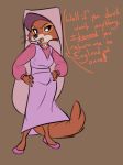  2018 anthro brown_background brown_fur canine clothed clothing dialogue disney dress english_text female footwear fox fully_clothed fur hands_on_hips maid_marian mammal open_mouth robin_hood_(disney) shoes simple_background siroc solo text 