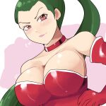  1girl aino_hitomi alternate_breast_size bad_link bare_shoulders blush breasts brown_eyes choker cleavage drawfag earrings elbow_gloves gloves green_hair highres jewelry jikuu_tantei_genshi-kun large_breasts lipstick long_hair looking_at_viewer makeup petra_fina ponytail red_choker stud_earrings very_long_hair 