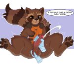 anthro balls bodily_fluids claws cum dialogue disembodied_hand foreskin genital_fluids genitals ghost_hands guardians_of_the_galaxy hi_res holding_balls male mammal marvel masturbation pawpads paws penis presenting procyonid raccoon rocket_raccoon simple_background solo tail twizzlrs