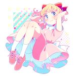  1girl blonde_hair bloomers blue_eyes blush bow collared_dress dress eyelashes floating full_body hair_bow looking_at_viewer mother_(game) mother_2 paula_(mother_2) pink_dress pink_footwear red_bow shifumame short_hair smile socks solo white_bloomers white_socks 