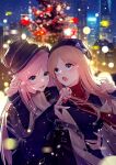  2girls :d :o arm_around_waist bag bang_dream! bang_dream!_it&#039;s_mygo!!!!! beanie beret black_shirt blue_eyes blurry blurry_background blush bokeh bow brown_hair buttons candy chihaya_anon chinese_commentary christmas christmas_tree city cityscape coat commentary_request depth_of_field fang food handbag hat highres holding holding_candy holding_food holding_lollipop lollipop long_hair long_sleeves multiple_girls nagasaki_soyo night open_mouth pink_hair red_scarf scarf shirt smile snow teeth upper_teeth_only winter_clothes winter_coat yun_cao_bing 