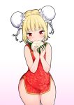  1girl artist_request blonde_hair china_dress chinese_clothes covered_navel double_bun dress flat_chest floral_print hair_bun long_hair looking_at_viewer open_mouth red_dress solo source_request 
