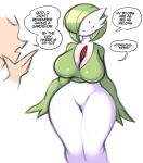 2023 absurd_res after_transformation big_breasts breasts clothed clothing dialogue ditto_(pokemon) duo english_text female gardevoir generation_1_pokemon generation_3_pokemon green_body green_hair hair hi_res human humanoid male mammal nintendo pokemon pokemon_(species) saltyxodium smile speech_bubble text thick_thighs white_hair wide_hips