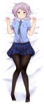  bangs bed_sheet blue_jacket blue_skirt blush brown_legwear closed_mouth commentary_request dakimakura eyebrows_visible_through_hair full_body hands_up highres idolmaster idolmaster_million_live! jacket lockheart looking_at_viewer lying makabe_mizuki necktie no_shoes nose_blush on_back pantyhose plaid_neckwear pleated_skirt puffy_short_sleeves puffy_sleeves purple_hair short_sleeves skirt solo 