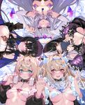  5girls :o alternate_costume animal_ears bikini black_bikini black_gloves black_hair blonde_hair blue_eyes blue_nails breasts dog_ears dog_girl elbow_gloves fingernails fuwawa_abyssgard gloves grey_hair hair_between_eyes headphones headphones_around_neck highres holding_hands holoadvent hololive hololive_english interlocked_fingers koseki_bijou large_breasts looking_at_another lying medium_breasts mococo_abyssgard multicolored_hair multiple_girls nail_polish nerissa_ravencroft on_back pink_hair pink_nails purple_eyes red_eyes shiori_novella siblings single_elbow_glove sisters smile swimsuit two-tone_hair upper_body v virtual_youtuber waterring white_bikini yellow_eyes 