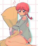  1girl barefoot blush breasts hair_between_eyes highres hugging_object legs pajamas pillow purple_eyes ranma-chan ranma_1/2 red_hair shadow solo usapoyn0324 