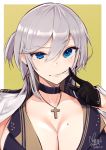  azur_lane blue_eyes breasts choker cleavage collarbone commentary_request cross cross_necklace dated fingersmile gloves grin highres jacket_on_shoulders jewelry looking_at_viewer mappaninatta mole mole_on_breast necklace signature silver_hair simple_background smile solo washington_(azur_lane) 