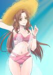  1girl absurdres aerith_gainsborough aerith_gainsborough_(sunny_robe) aqua_background arm_behind_head artist_name bare_shoulders bikini bracelet breasts brown_hair cleavage closed_mouth cowboy_shot dated final_fantasy final_fantasy_vii final_fantasy_vii_ever_crisis final_fantasy_vii_remake green_eyes hat highres holding holding_clothes holding_hat jewelry lace long_hair medium_breasts navel official_alternate_costume parted_bangs pink_bikini shawl shikiwo sidelocks smile solo standing straw_hat swimsuit thigh_gap wavy_hair 