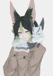  1boy animal_ear_fluff animal_ears animal_on_shoulder artist_name black_hair bright_pupils brown_jacket commentary_request earrings fox fox_ears genshin_impact green_eyes green_hair hair_between_eyes hair_intakes hands_up highres jacket jewelry lapels long_sleeves looking_at_viewer male_focus marota_0 mittens multicolored_hair parted_lips short_hair signature single_earring sleeves_past_wrists smile solo streaked_hair sweater tighnari_(genshin_impact) turtleneck turtleneck_sweater upper_body white_mittens white_pupils white_sweater 