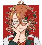  1boy closed_mouth earrings fire_emblem fire_emblem_engage flower hair_between_eyes hair_flower hair_ornament hand_on_own_face highres jewelry male_focus oda32t orange_hair pandreo_(fire_emblem) short_hair simple_background yellow_eyes 
