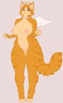2023 absurd_res amber_(friskalpox) angel_costume anthro areola big_breasts breasts domestic_cat fake_wings felid feline felis female fluffy fluffy_tail friskalpox front_view full-length_portrait fur genitals halo hi_res mammal nipples nude nude_female orange_body orange_eyes orange_fur portrait pussy solo standing tabby_cat tail
