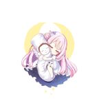  1girl blue_archive closed_eyes closed_mouth dakimakura_(object) doodle_sensei_(blue_archive) dress feathered_wings flower full_body hair_bun hair_flower hair_ornament long_hair mika_(blue_archive) o_(rakkasei) pillow pink_hair purple_flower sensei_(blue_archive) simple_background single_side_bun smile solo white_background white_dress white_wings wings 