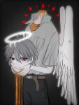  1other angel_wings belt black_pants brown_belt decapitation grey_hair highres lcl nagisa_kaworu neon_genesis_evangelion pants red_eyes rip_tensi school_uniform shirt smile solo standing tokyo-3_middle_school_uniform white_shirt wings 